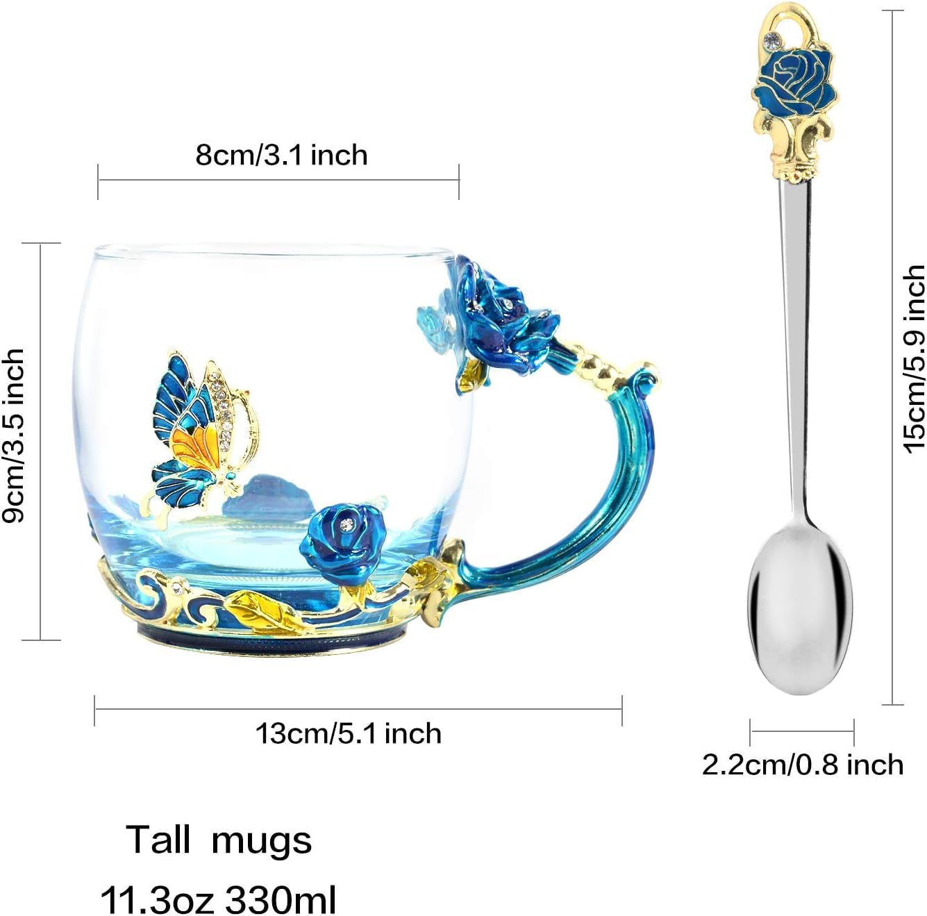 Tea Cup Gifts for Mom Birthday Gift for Women,Glass Coffee Enamels Mug Butterfly Sky Blue Flower Cup Unique Valentines Christmas Mothers Day gift For Mom Women Wife Sister Coworker Female Friend