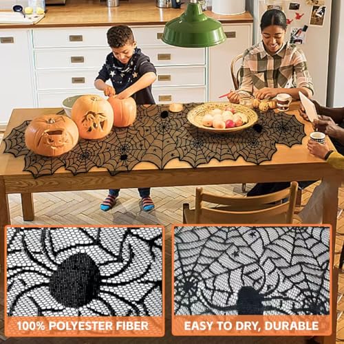 CMXZSAM Black Halloween Decor Set with Mantel Scarf, Table Runner, 3D Bats & Spiders, Banner