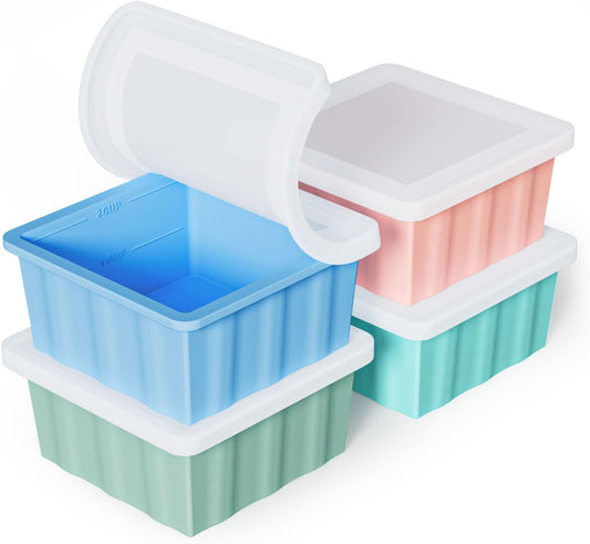 Skiennix Silicone Freezer Tray - 2-Cup Ice Cube Trays with Lid for Meal Prep | 4-Pack Soup Portion Freezer Trays
