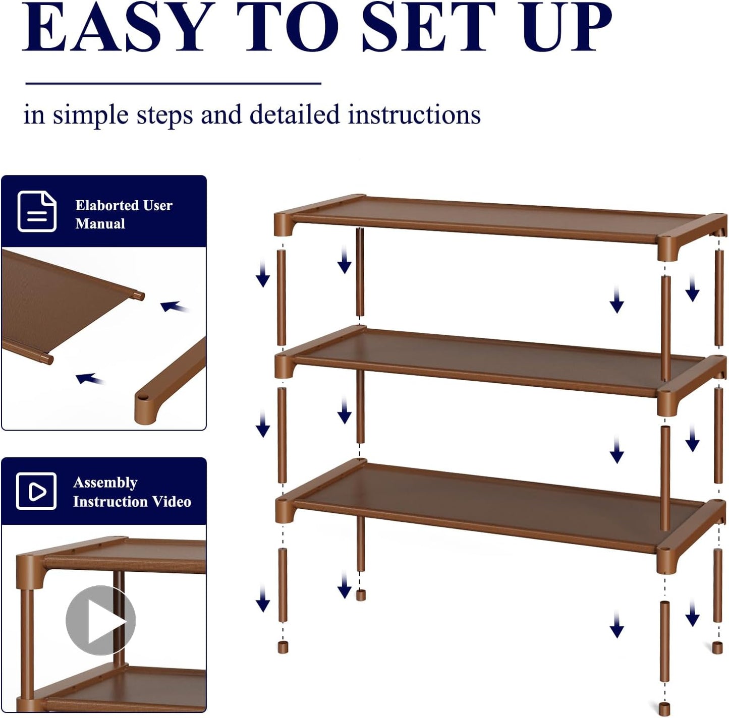 Kitsure Shoe Rack - Stackable Non-Woven Shoe Organizer for Closet & Entryway | 3-Tier, 27.5" Wide, Brown