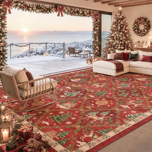Christmas 8x10 Area Rugs for Living Room, Red Washable Xmas Bedroom