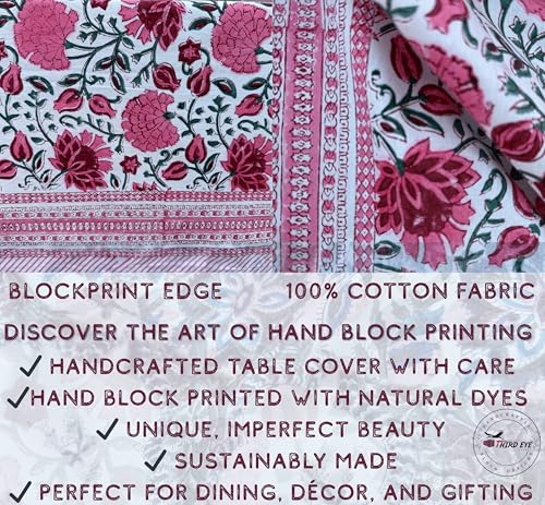 White Ibis Rose Floral Fall Tablecloth 120x72 Inches Hand Block Print, Rectangular Dining Decor