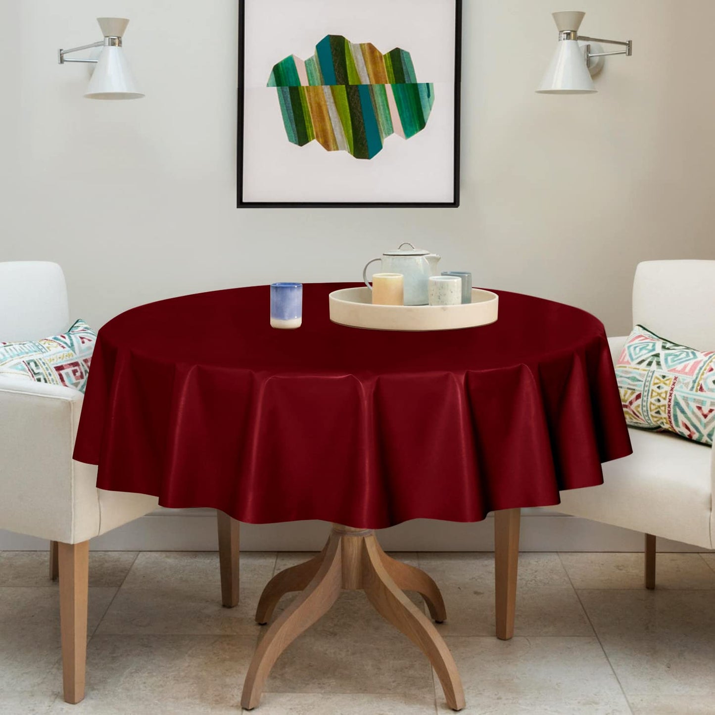 sancua 100% Waterproof Round PVC Tablecloth - 60 Inch - Oil Proof Spill Proof Vinyl Table Cloth, Wipe Clean Table Cover for Dining Tables, Buffet Parties and Camping, Burgundy