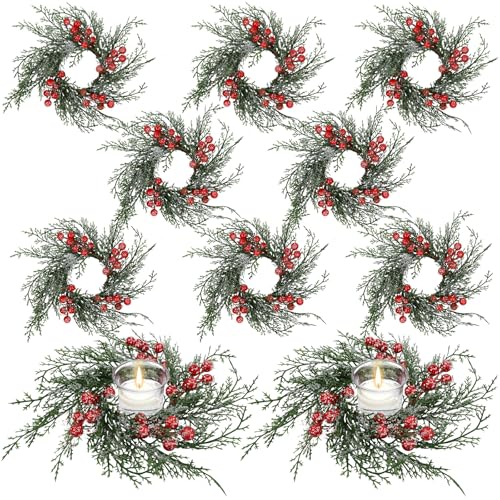 Serlvan 10 Pcs Christmas Candle Rings Wreath with Red Berries & Snowy Pine - Holiday Decor