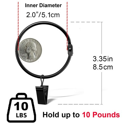 Ginbel Direct 24 Pack 2 Inches Openable Curtain Rings with Clips, Drapery Metal Clip Iron Drapes Hangers Decorative for Windows Rods Rustproof, Black