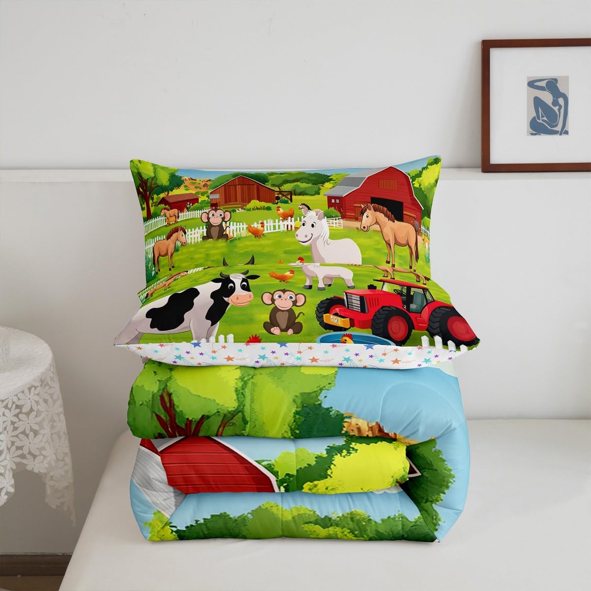 Feelyou Kids Bedding Set Cartoon Farmhouse Comforter Set Cute Farm Animal Boys Girls Toddler Comforter Cover Country Style Comforter with 1 Pillowcase Twin Size