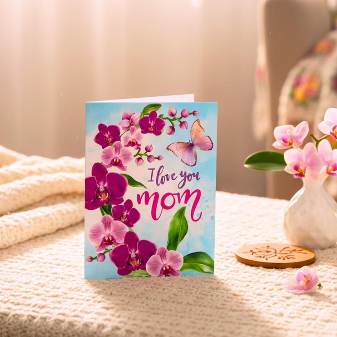 PIECE GIFT 3D Pop-Up Mother's Day Card - 'I Love You Mom' Orchid Flower Design | Premium Greeting Card with Envelope