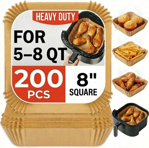 Air Fryer Liners - 8 Inch Square Disposable Parchment Paper | 200 Pcs Non-Stick with Safety Ring