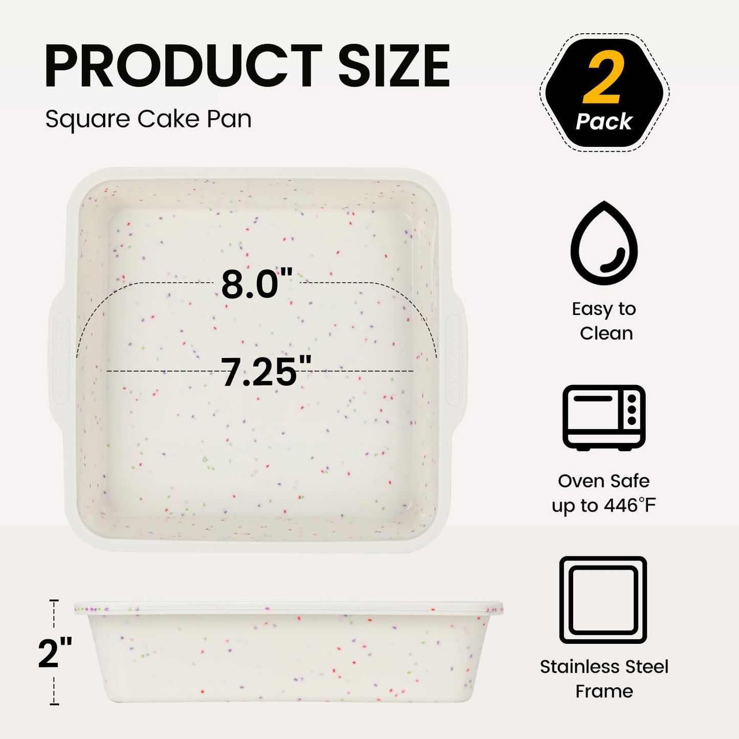 Vinino 8 x 8 Inch Silicone Square Brownie Cake Pan with Metal Reinforced Frame Set of 2, Nonstick Silicone Brownie Pans BPA Free Suitable for Making Cakes, Brownies, Bread
