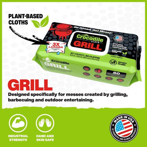 Crocodile Cloth Grill Wipes - Plant-Based, Aloe & Vitamin E Infused | 15" x 10" Large, Safe for Skin & Surfaces