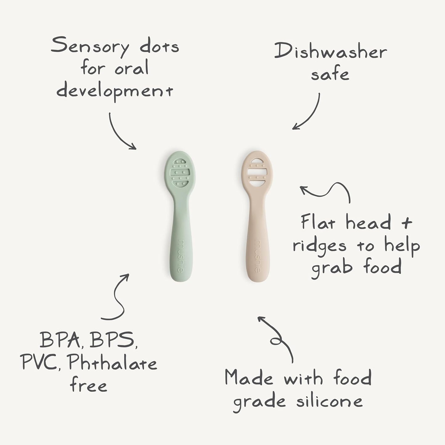 Mushie Silicone Baby Feeding Spoons - Soft, Safe & Durable | 2 Pack in Cambridge Blue & Shifting Sand