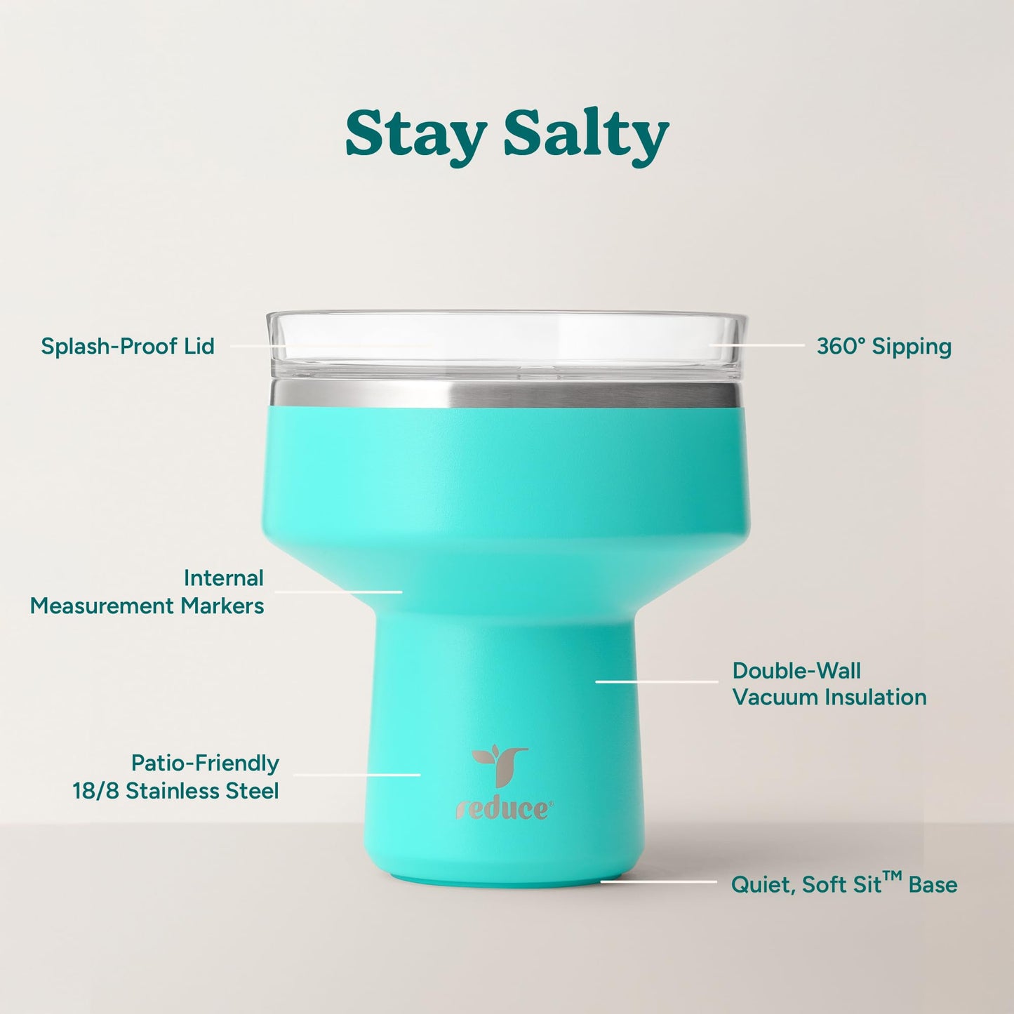 REDUCE Saltini 16 oz Cocktail Tumbler - Insulated Margarita Tumbler with Lid - Keeps Drinks Cold for 10 Hours - 360 Sippable Martini Glass Alternative - Shatterproof, Perfect for Parties-Ocean Breeze