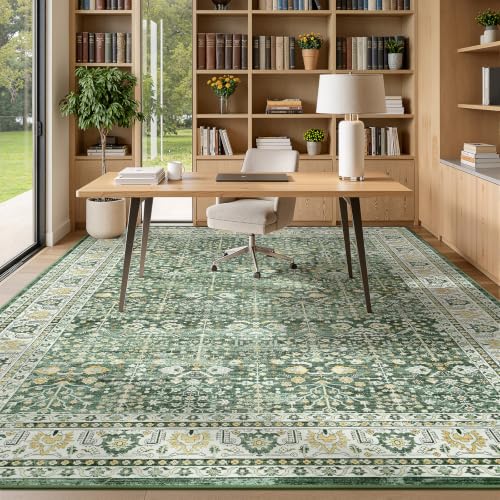 Sage Green 9x12 Washable Area Rug - Non-Slip Boho Living Room Carpet