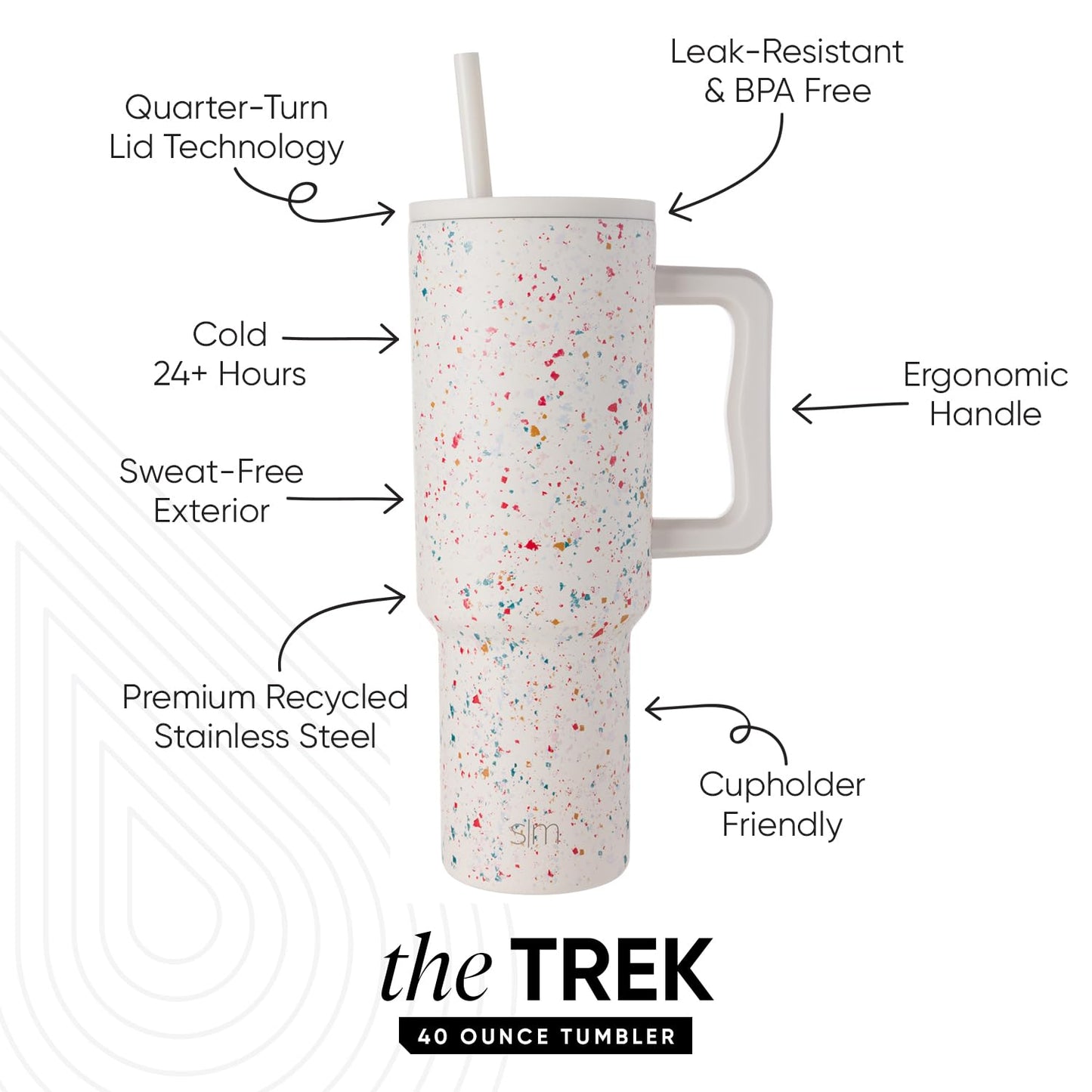Simple Modern 40 oz Trek Tumbler with Handle and Straw Lid | Cup Holder Friendly Insulated Stainless Steel Travel Mug | Cream Terrazzo