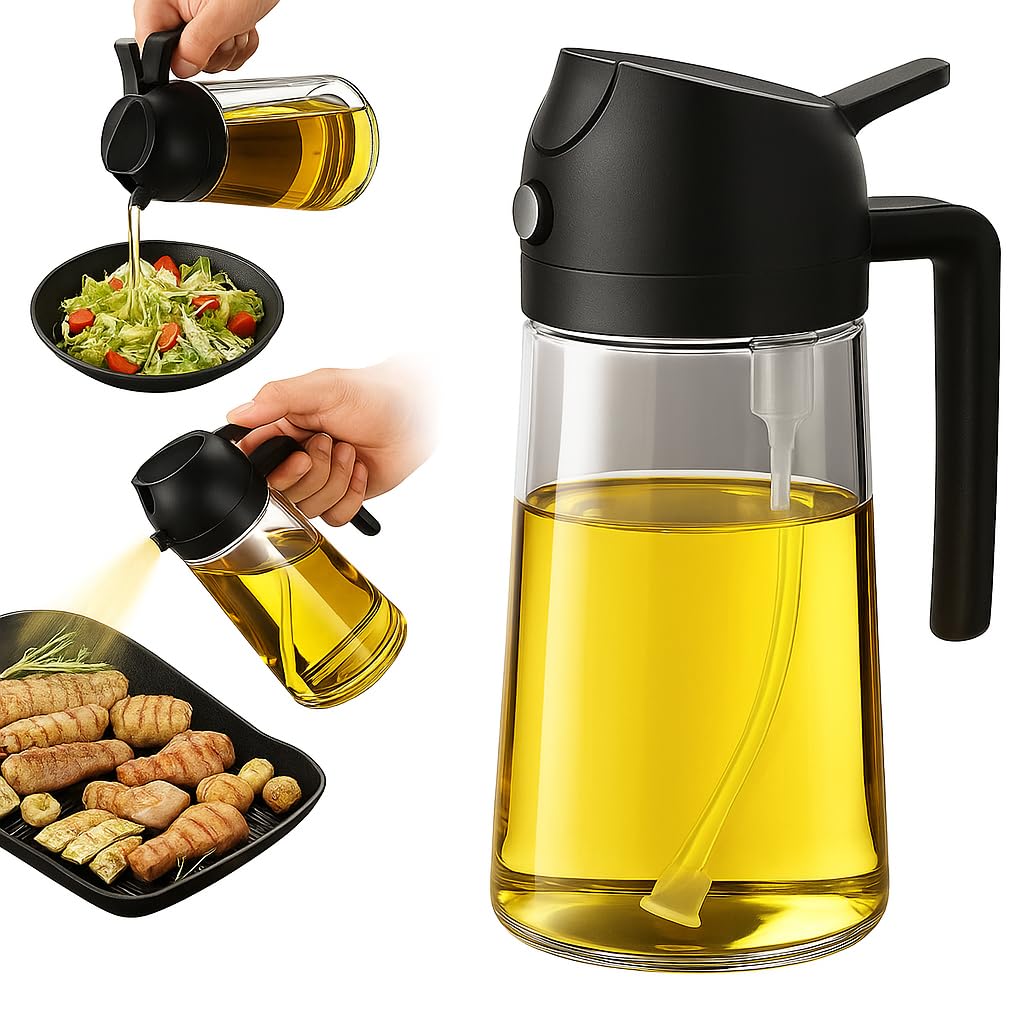 WANISHQ 16oz/470ml Glass Olive Oil Sprayer for Cooking - 2 in 1 Olive Oil Dispenser for Kitchen Gadgets, Air Fryer, Salad, and BBQ - Black