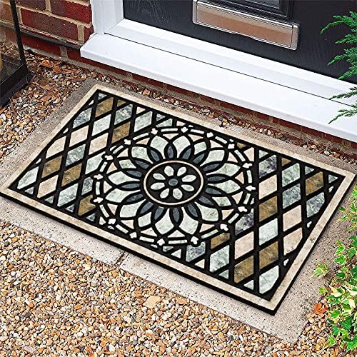 Outdoor Welcome Door Mat 17x30 Inch Non Slip Rubber Entrance Rug with Flower Design