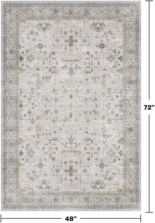 Hazo Haus Boho 4x6 Living Room Rug - Light Grey Vintage Floral Design | Washable Non-Slip Area Rug for Home