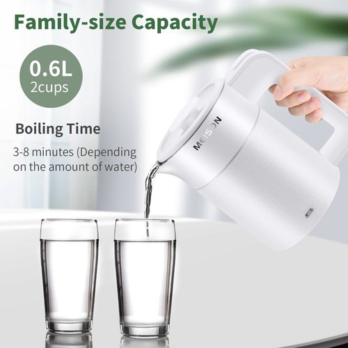 0.6L Small Electric Kettles Stainless Steel, Travel Mini Hot Water Boiler Heater, Double Wall Cool Touch Portable Teapot, Auto Shut-Off & Boil-Dry Protection, 120V/800W, 2 Year Warranty (white)