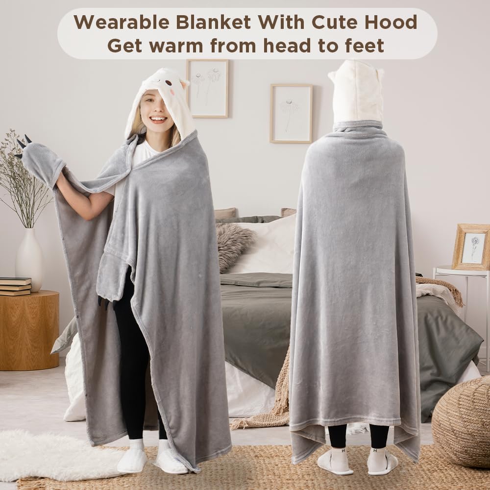 Bunnikins & Clover Wearable Hoodie Blanket for Adults, Warm and Cozy Oversized Blanket, Soft Flannel Fleece Hoodie Throw Blankets,Cat