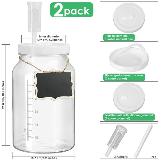 2 Pack 1 Gallon Large Fermentation Jars with 3 Airlocks and 2 SCREW Lids(100% Airtight Heavy Duty Lid w Silicone) - Wide Mouth Glass Jars w Scale Mark - Pickle Jars for Sauerkraut, Sourdough Starter