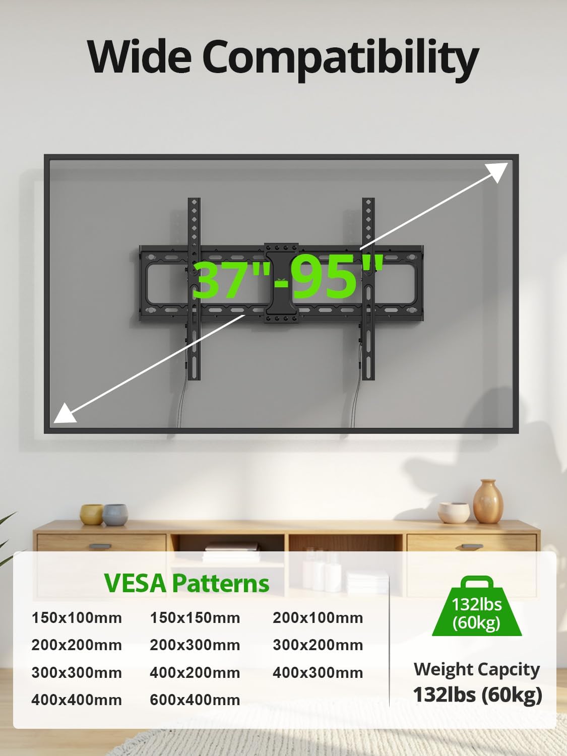 USX MOUNT Tilting TV Wall Mount - Fits 37"-95" Flat & Curved Screens | Max VESA 600x400mm, 132lbs Capacity