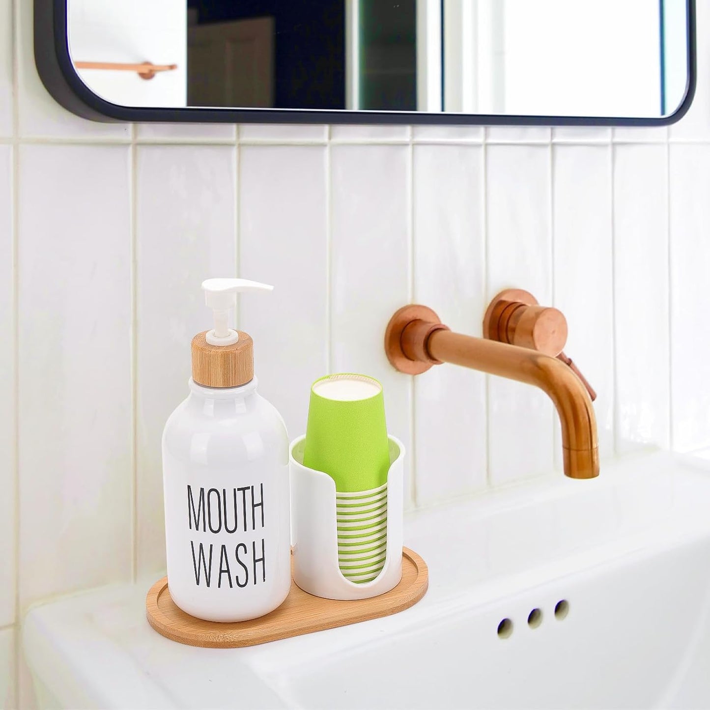 Skiennix Mouthwash Dispenser - Refillable 17oz Clear Pump Bottle with Cup Holder & Tray for Bathroom Organization