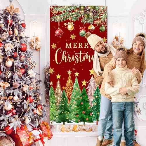 Christmas Door Cover Christmas Tree Door Cover Red and Green Xmas Door Decorations Xmas Door Banner Photo Booth Props for Wall Party