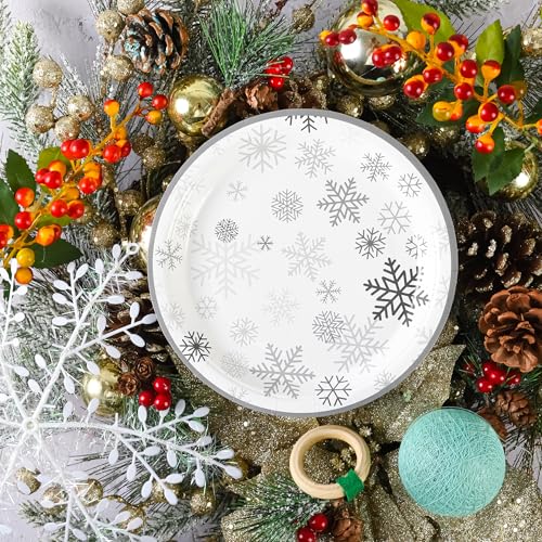 AimFun 48 Pcs Grey Snowflake 7-Inch Dessert Plates - Disposable Christmas Party Tableware