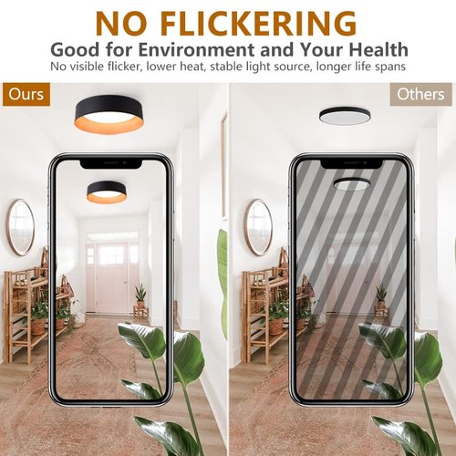 Bargeni Flush Mount Ceiling Light,13 inch Ceiling Light Fixtures,Matte Black with Wood Accent,3000K/Warm White/18W(100w Equiv.),Dimmable LED Lighting Fixtures Ceiling for Kitchen,Outdoor