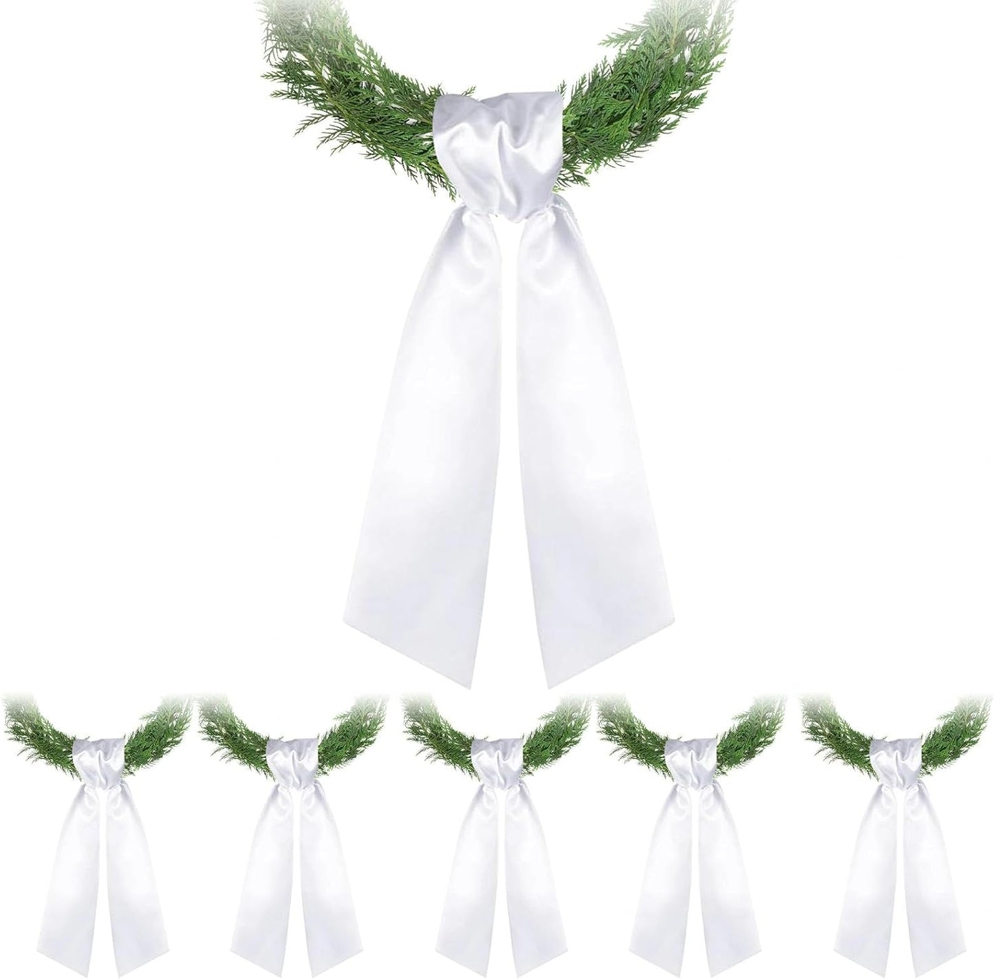 Skiennix 6 PCS Satin Wreath Sashes - White Embroidery Decor for Indoor/Outdoor Weddings & Events