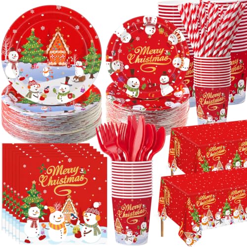 Ceenna 452 Pcs Christmas Tableware Set Red Gold - Snowman Theme, 50 Guests, Includes Plates Cups Napkins Cutlery & Tablecloths ( variation: Red Gold / Christmas )