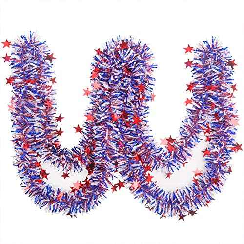 CCINEE 33FT 4th of July Tinsel Garland,Patriotic Metallic Star Garland for Independence Memorial Day Tree Banister Fireplace Home Party Decoration