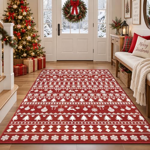 Christmas Red 4x6 Area Rugs for Entryway, Washable Non‑Slip Low‑Pile