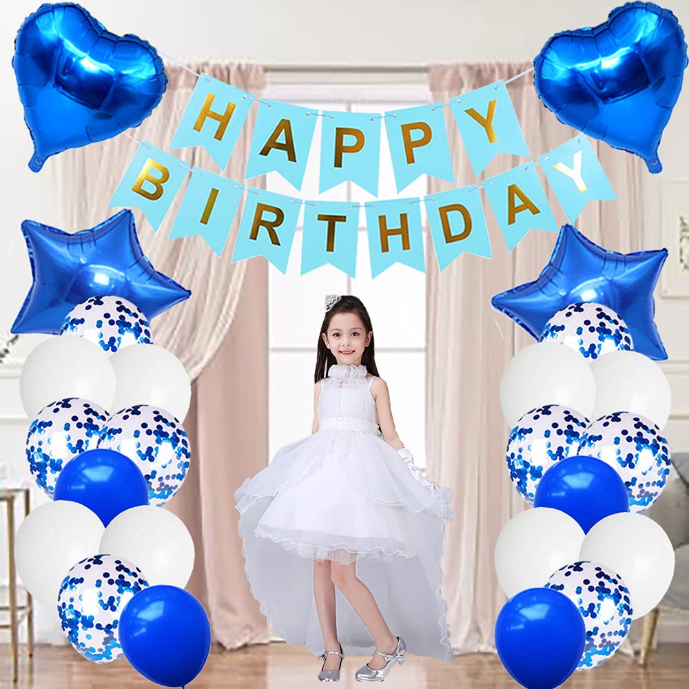 Huture 11th Birthday Party Supplies - Blue & White Foil Balloons, Happy Birthday Banner Kit, Latex Confetti, Star Balloons - Great Gift for Girls & Boys