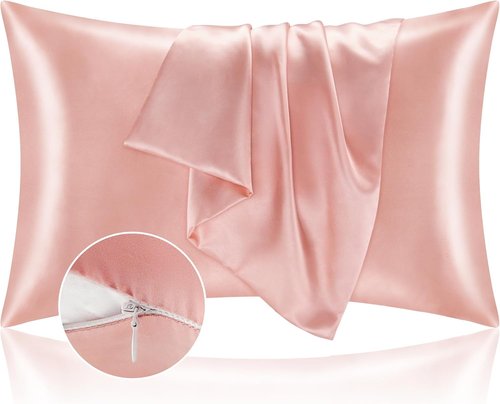 BEDELITE Satin Pillowcase Set - Super Soft & Cooling Zippered Pillow Cases | Coral, Standard Size (20x26 Inches)