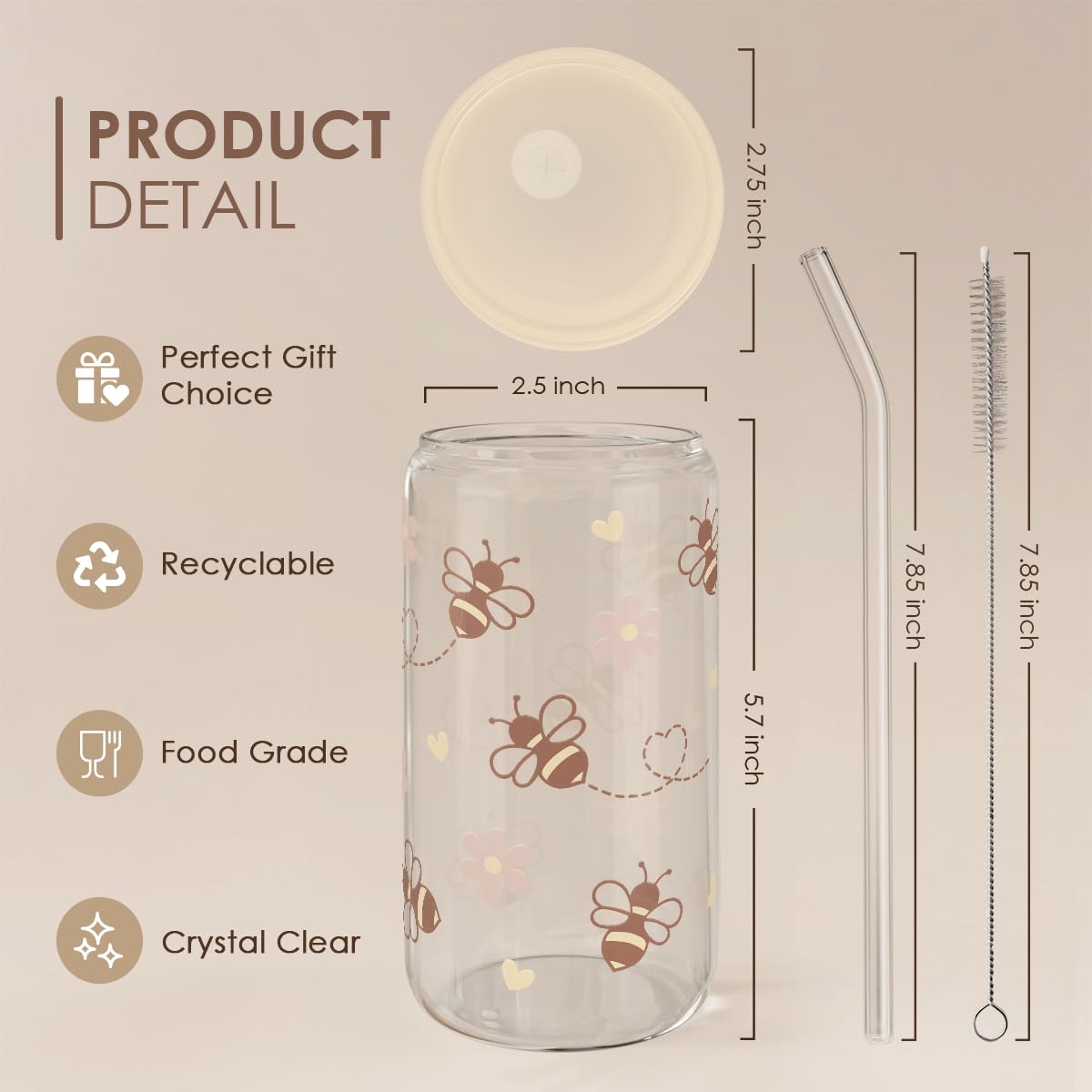 SANDJEST Bee 16oz Can Glass Tumbler with Acrylic Lid & Straw - Iced Coffee Cup for Women Girls, Aesthetic Cups Gifts for Birthday Christmas