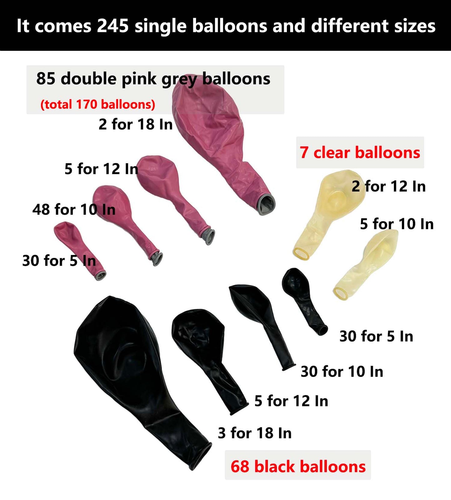Mythlty 160pcs Pink and Black Balloons Arch Kit with Bows in Different Sizes 5" 10" 12" 18", Stuffed Ballons Pink Grey Balloons for Birthday Baby Shower Bat Mitzvah Bachelorette Parties Decorations