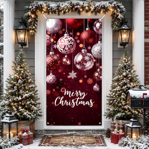 KKYEJLQYI Merry Christmas Door Banner 35x71 Burgundy Glitter Snowflake, Indoor Outdoor Xmas Decor - Merry Christmas-8