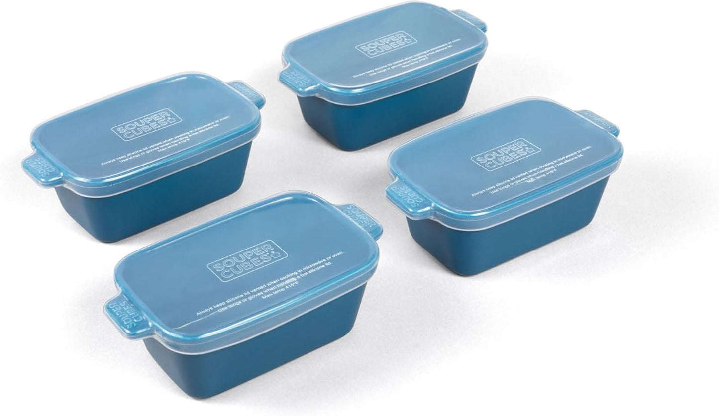 Souper Cubes Stoneware - Small 5" x 3" Ceramic Baking Dish Set of 4 with Silicone Covers | Ideal for Reheating Single Servings - Blueberry