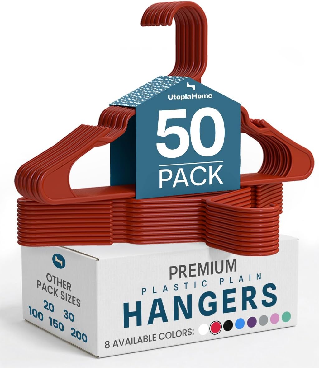 Utopia Home Plastic Hangers - Durable Space-Saving Clothes Hanger - 50 Pack in Red
