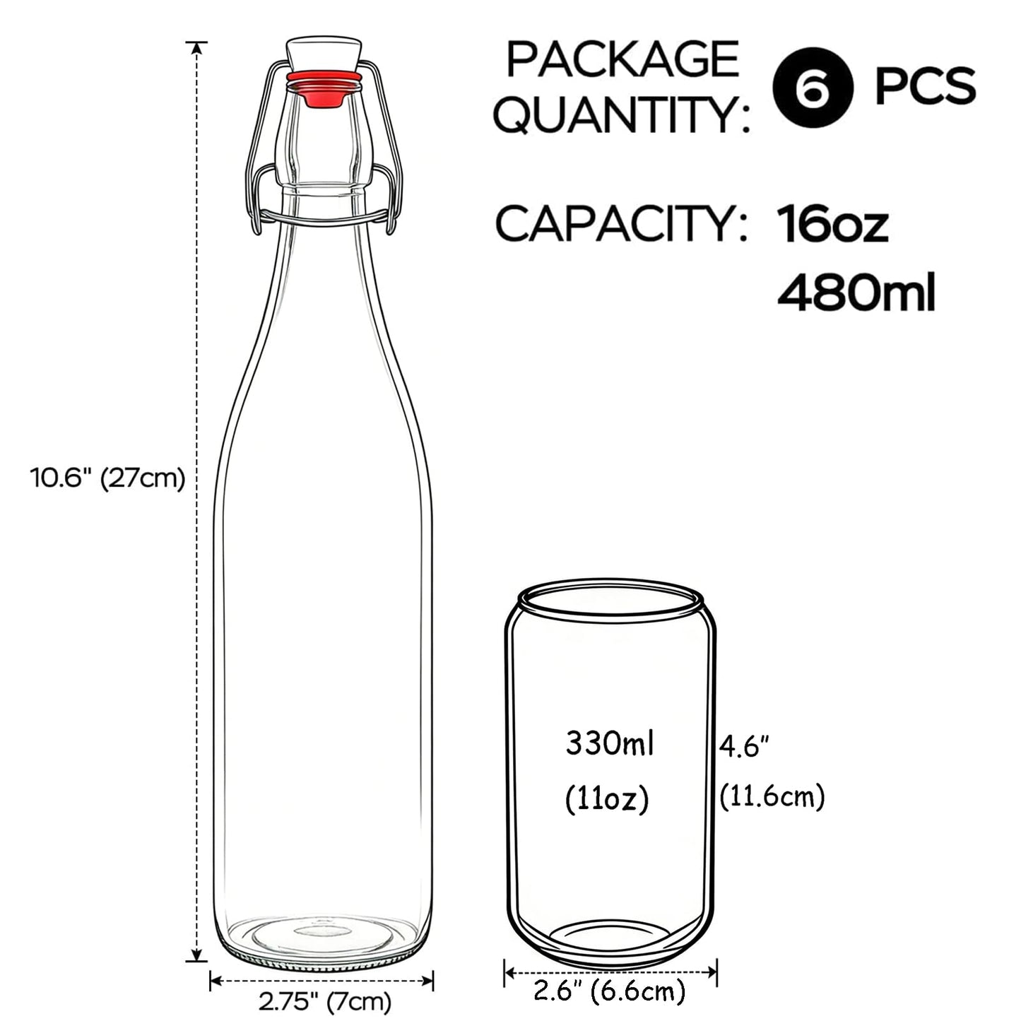 ZEBEIYU Swing Top Glass Bottles 16oz,Glass Beer Bottles With Airtight Caps for Home Brewing,Kombucha, 2nd Fermentation, Water Kefir, Beverages, Soda, Oils, Vinegar, Limoncello（6 Pack