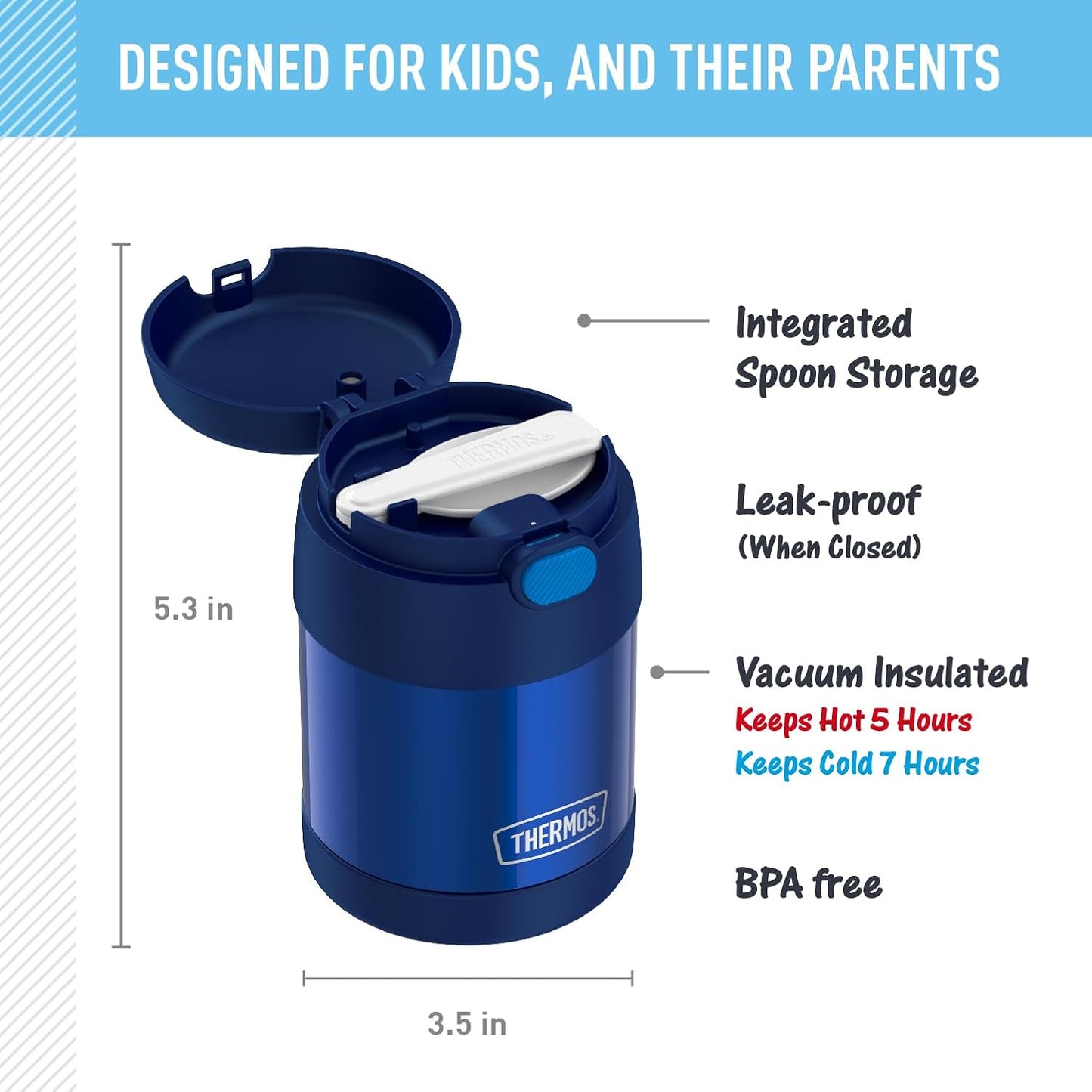 THERMOS FUNTAINER 10 Ounce Stainless Steel Kids Food Jar - Vacuum Insulated with Folding Spoon, Navy