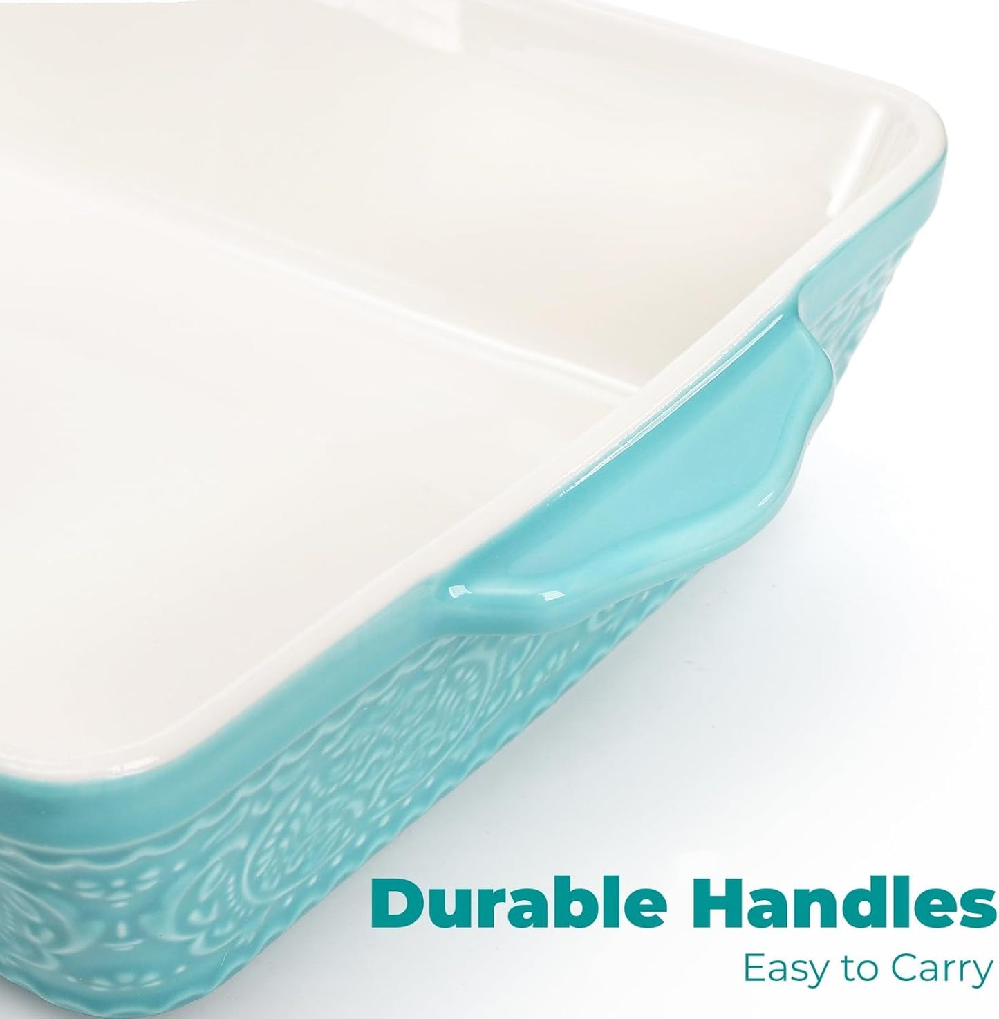 SOUJOY Ceramic Baking Dish Set - Non-Stick Rectangular Casserole Dishes with Sturdy Handles | Turquoise, Set of 3