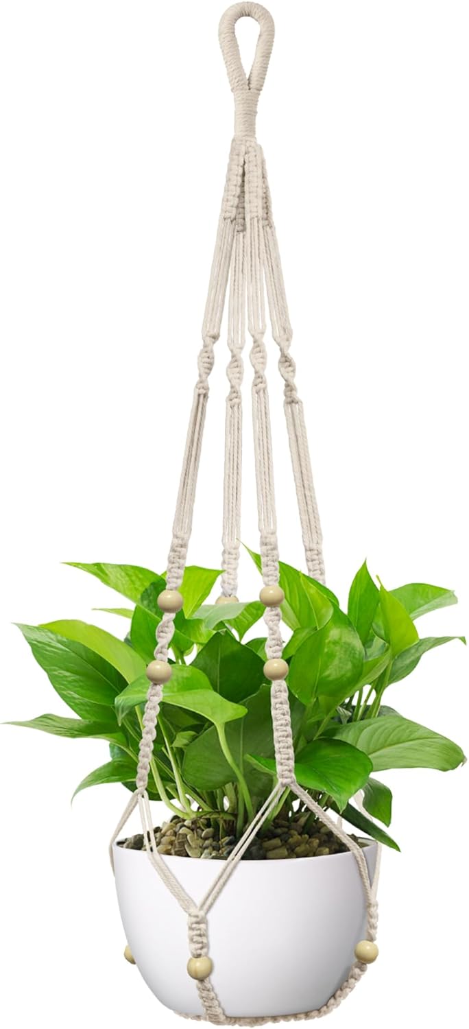 USLAI Macrame Plant Hanger - Strong Indoor/Outdoor Holder for 4 to 15 Inch Pots | 35 Inch Ivory Boho Decor