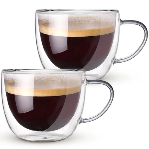 Double Walled Glass Coffee Mugs Set of 2, 8 oz Hand Blown Insulated mugs with Handle, Clear Coffee Mugs for Cappuccino, Latte, Espresso, Americano, Tea Bag, Beverage Glasses Heat Resistant Coffee Cups