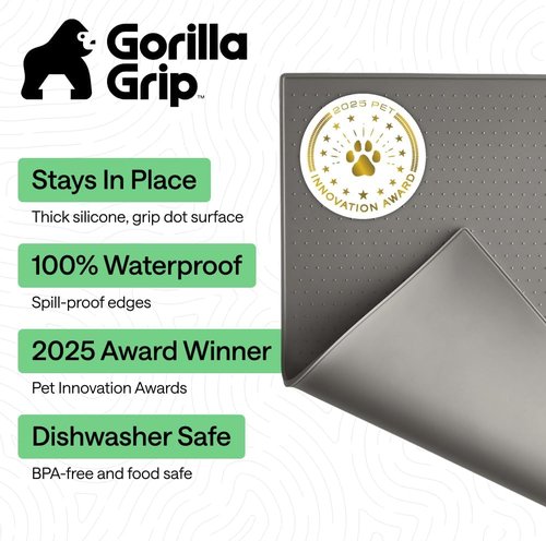 GORILLA GRIP Waterproof Silicone Pet Feeding Mat - 100% BPA Free, Spill-Proof Design | 18.5x11.5 Gray