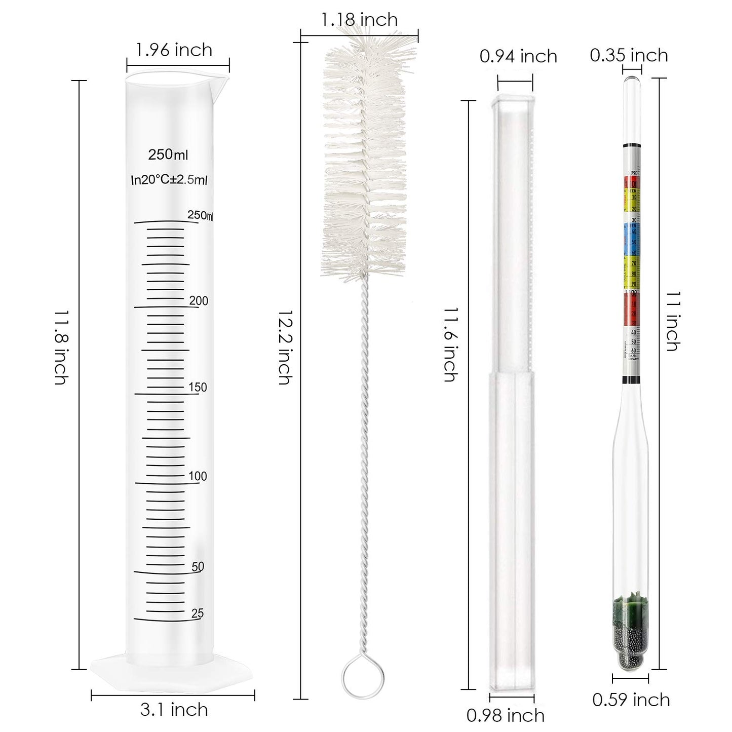 Triple Scale Alcohol Hydrometer(2 pcs)and Test Jar for Home Brew, Wine, Beer, Mead, Cider & Kombucha - Combo Set of 250ml Plastic Cylinder, Cleaning Brush, Storage Bag - ABV, Brix and Gravity Test Kit