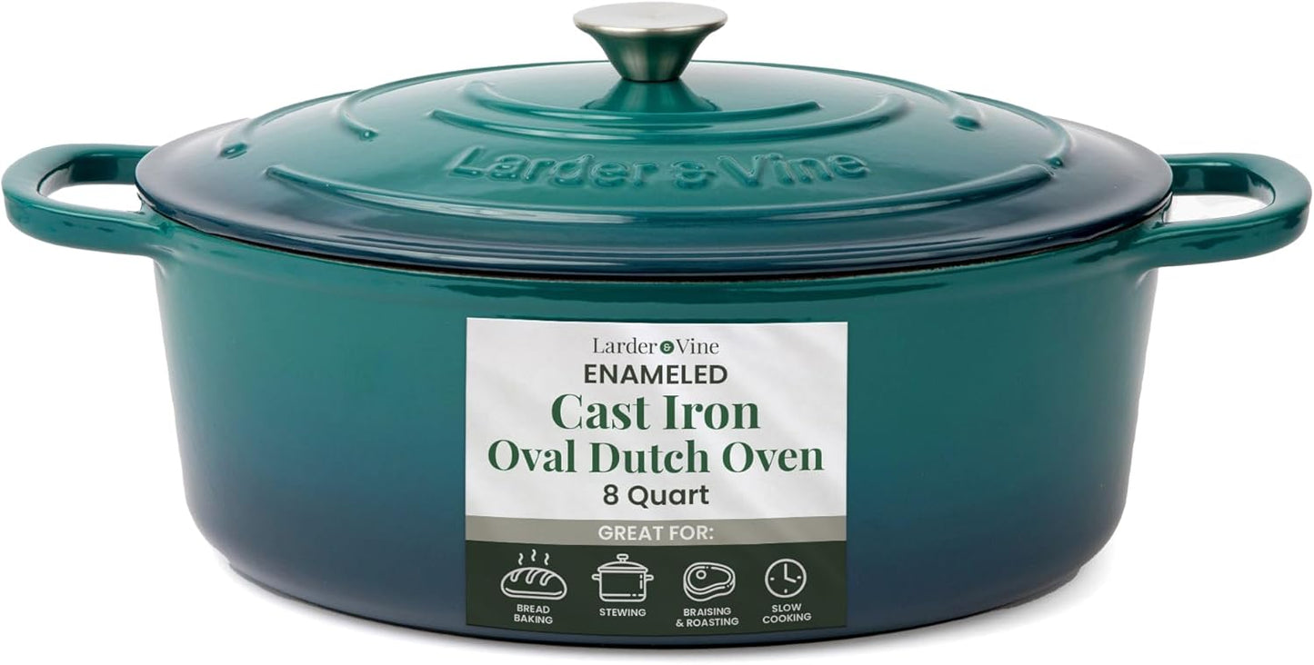 Larder & Vine Enameled Cast Iron Dutch Oven - 8 Qt | Ideal for Baking Sourdough Bread | Oven Safe to 500°F | Bondi Color