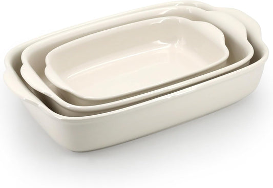Skiennix 3-Pack Ceramic Baking Dishes Set - Heavy-Duty Oven-Safe Stoneware | Deep Rectangular Casserole Pans (13.8''/12''/9.6'' Pure Off-White)