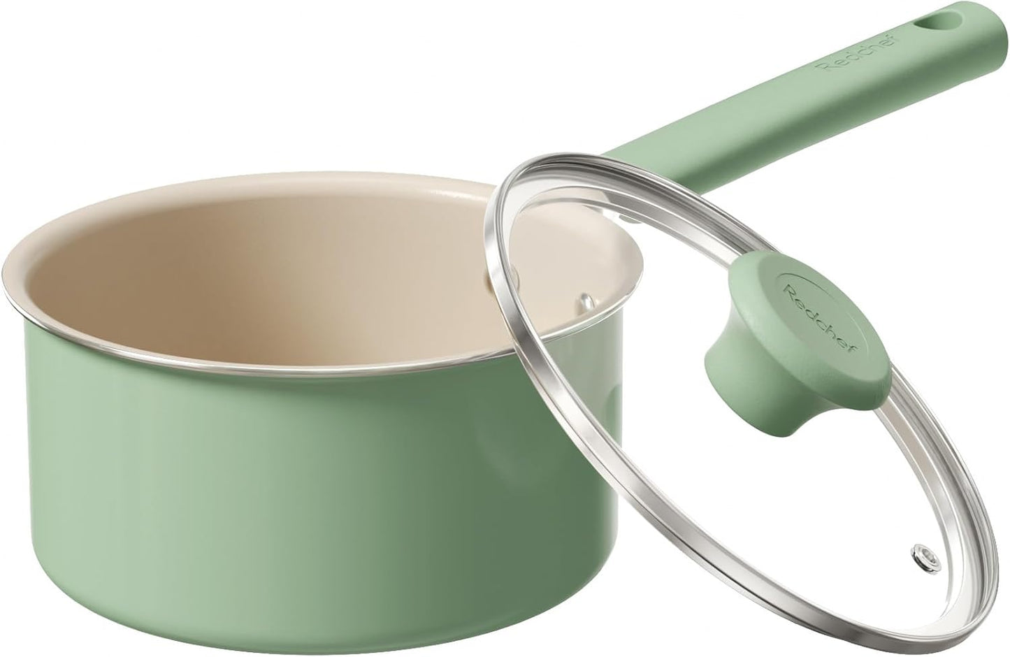 Redchef Ceramic Nonstick Saucepan - 1.5QT Small Cooking Pot with Lid, PFAS-Free, Green